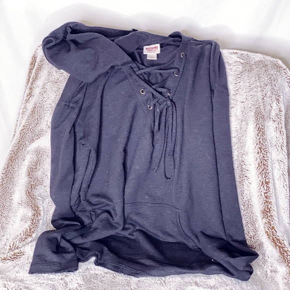 Thin Black V Neck Hoodie with Lacing - Picture 3 of 5